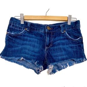 💙 Vtg Mossimo Low Rise Distressed Raw Hem Cut Off Dark Wash Jean Shorts …